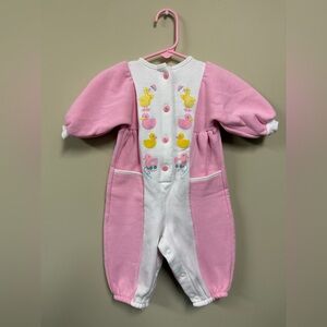 RARE Vintage Oshkosh Bgosh Pink White Fleece Romper 6-9M Baby Ducks Quack